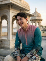 Men's Ombre Teal-Pink Kurta with Intricate Folk Art Embroidery 2