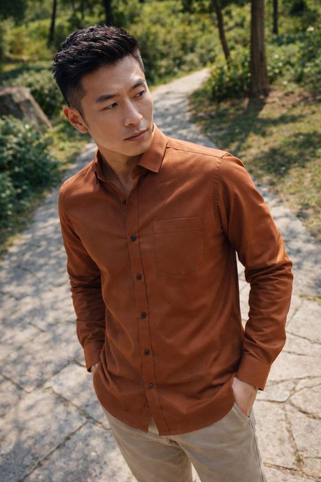 Men's burnt orange slim-fit casual shirt, product view