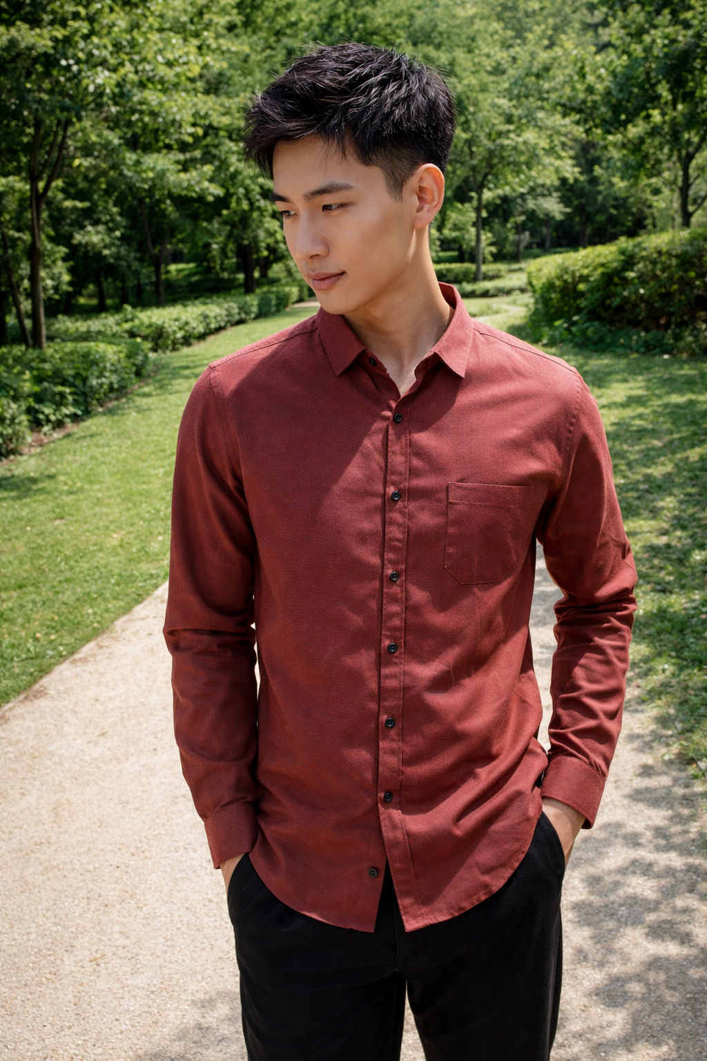 Men's burnt red slim-fit casual shirt, product view
