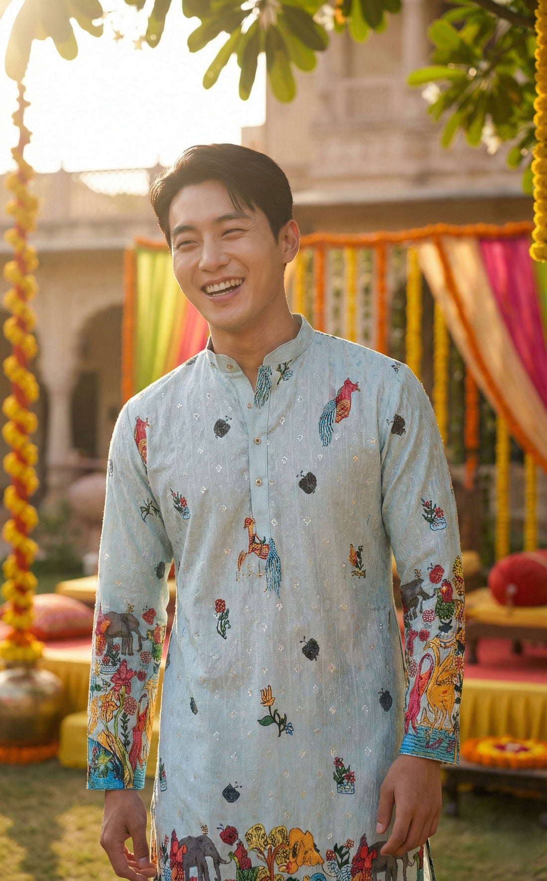 Men’s Pastel Blue Animal & Floral Printed Kurta