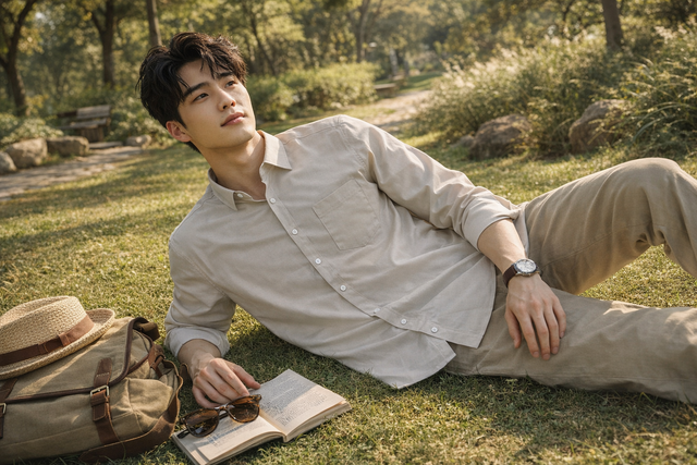 Men's cream slim-fit casual shirt, product view