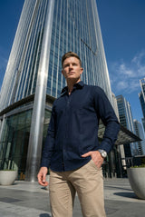 Men Navy Blue Textured Striped Slim Fit Casual Shirt 3