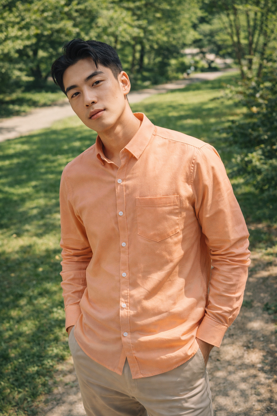 Men's peach slim-fit casual shirt, product view