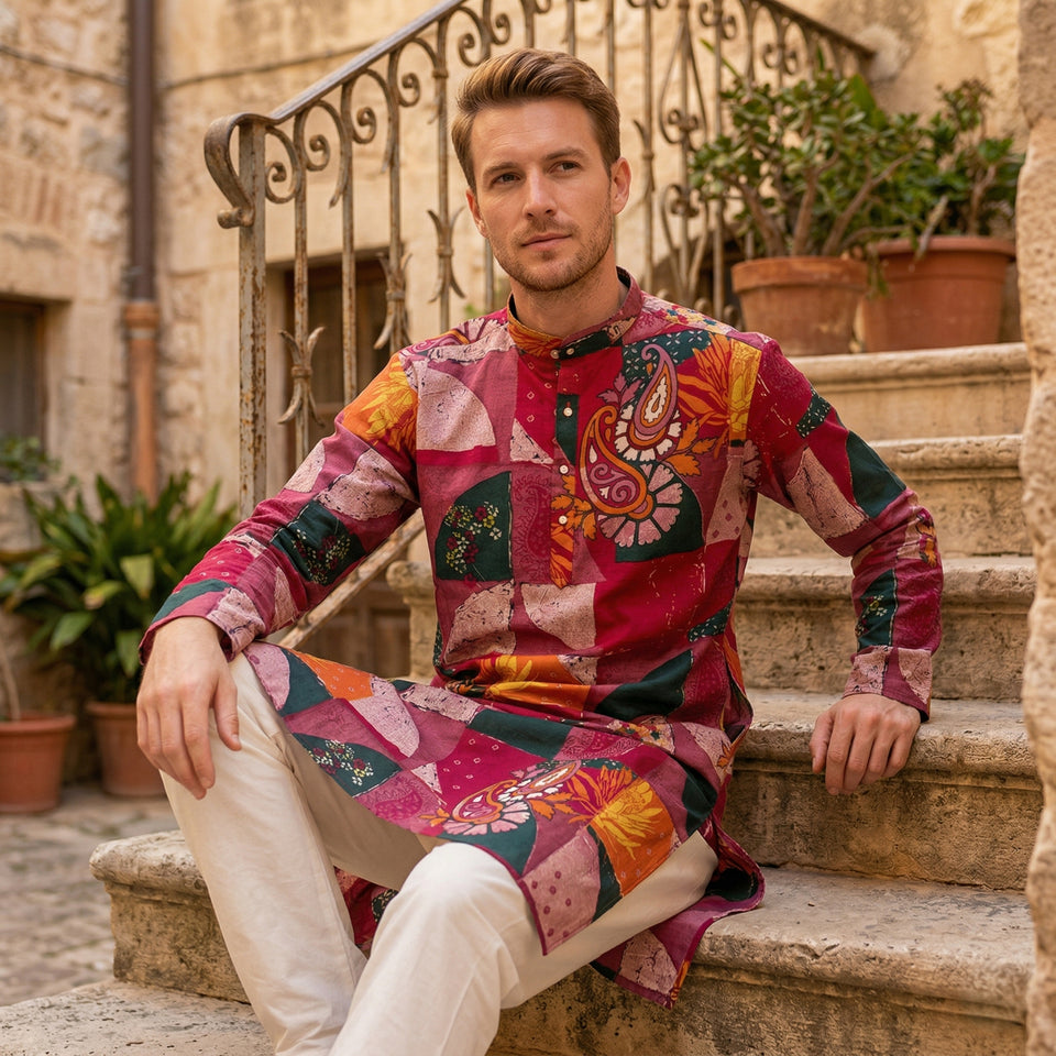 Maroon patchwork printed kurta for men product view