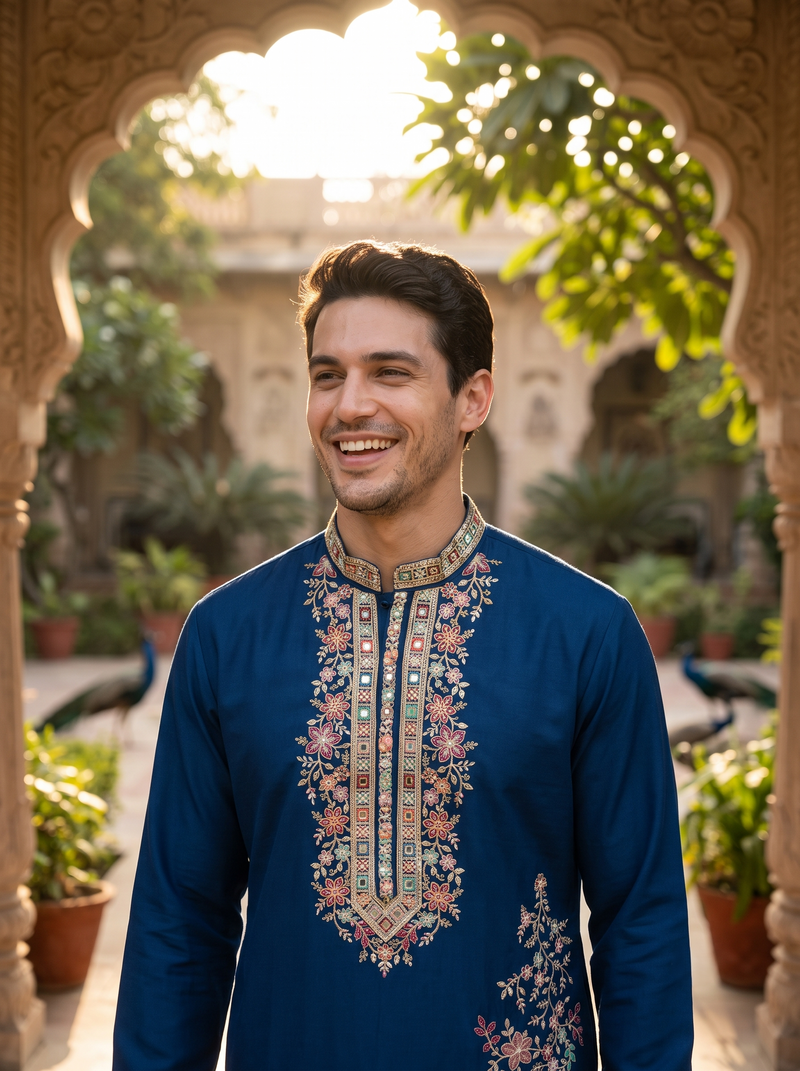 Men's Navy Blue Floral Embroidered Art Silk Blend Kurta Pyjama Set 10