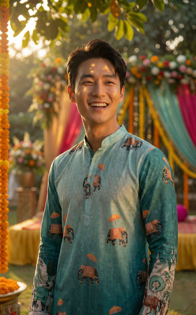 Men’s Blue Elephant Motif Printed Kurta