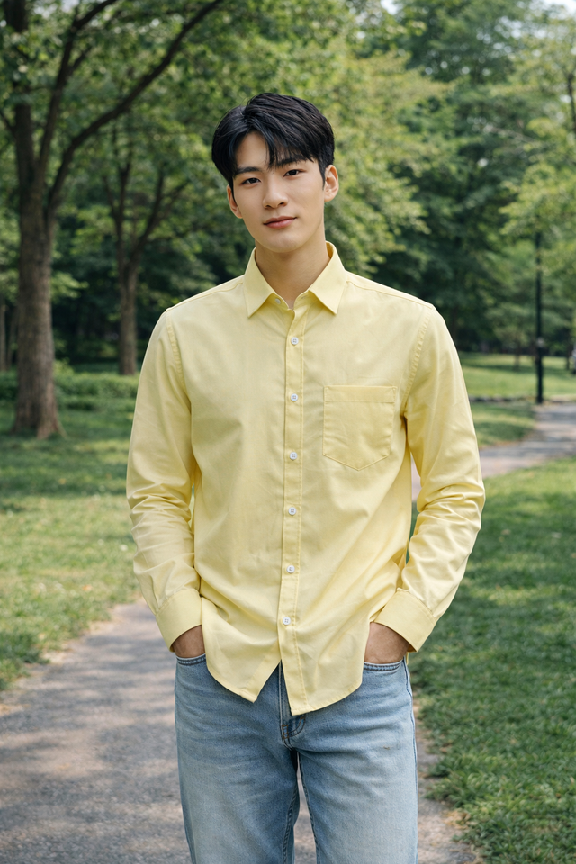 Men's light yellow slim-fit casual shirt, product view