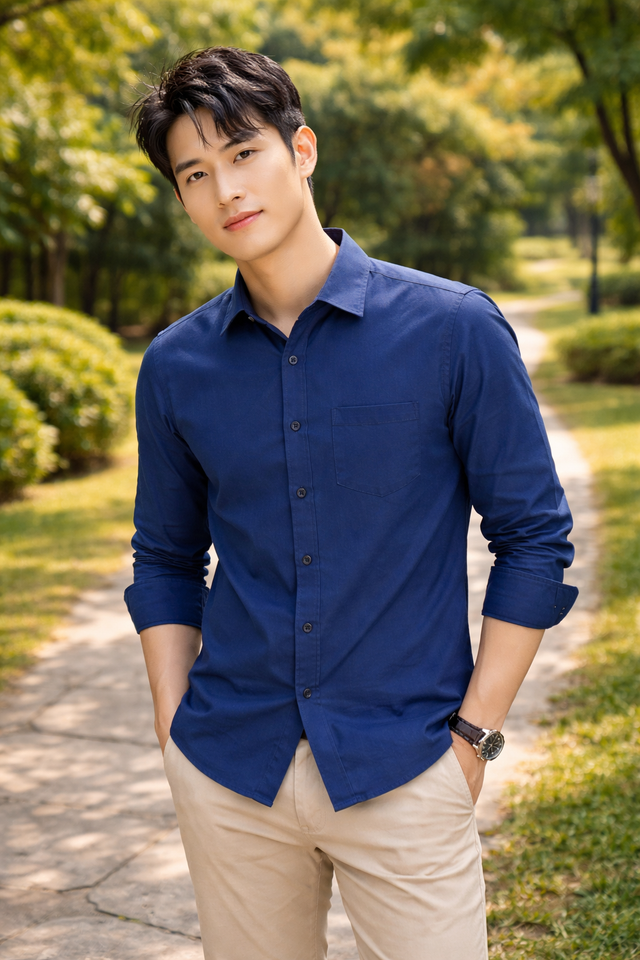 Men's navy blue slim-fit casual shirt, product view
