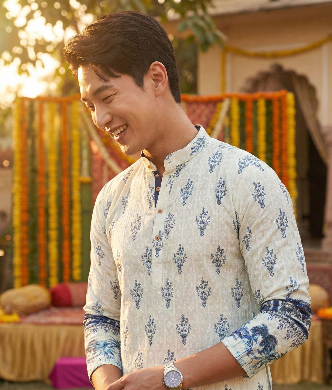 Men’s Cream & Blue Ethnic Motif Printed Kurta