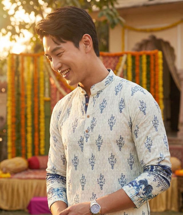 Men’s Cream & Blue Ethnic Motif Printed Kurta