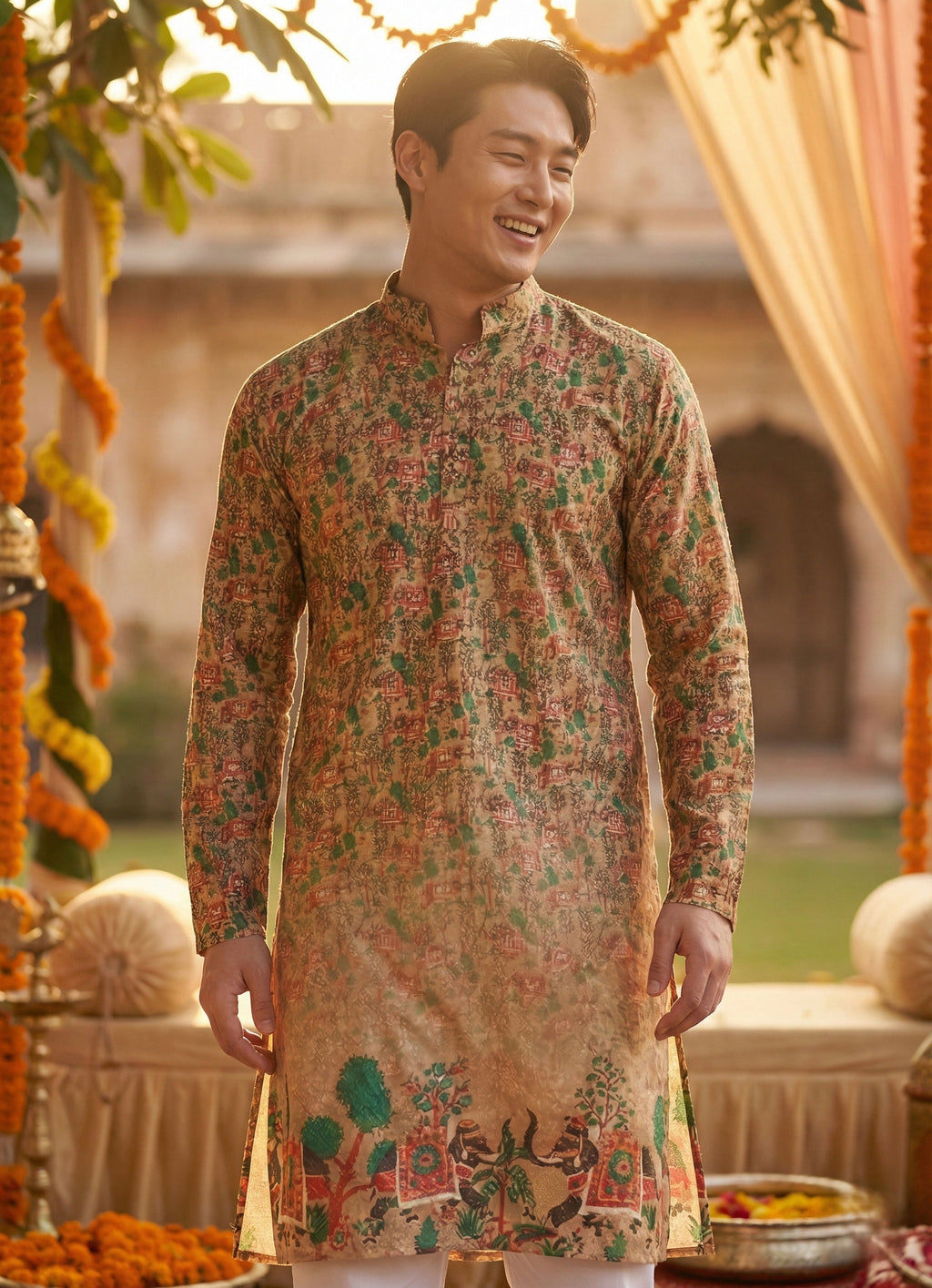 Men Beige Ethnic Village Motif Printed Kurta