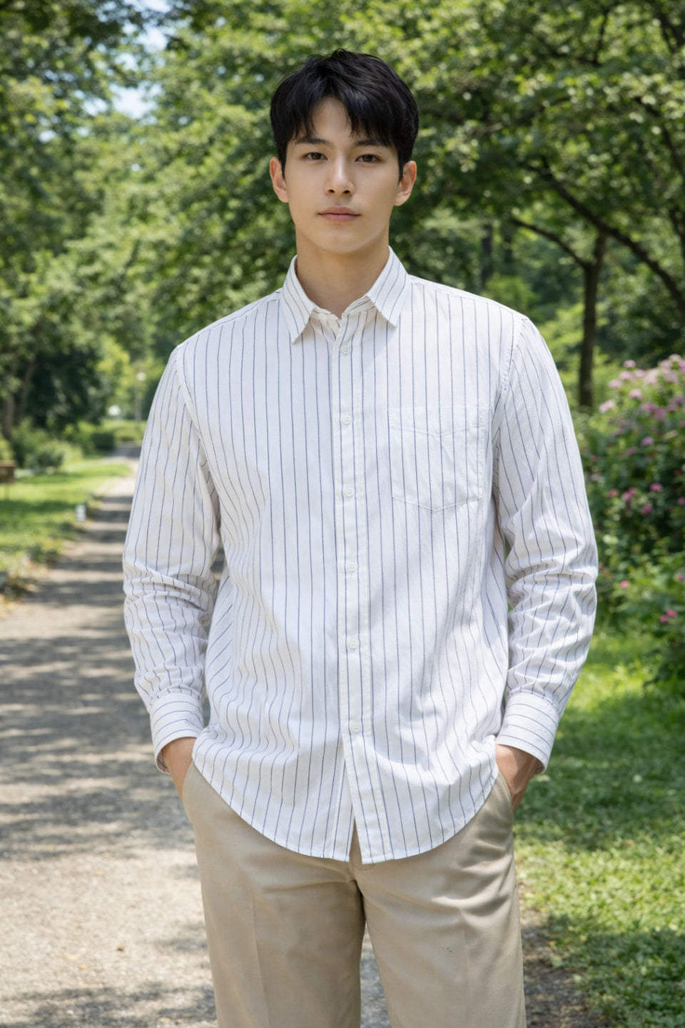 Mens White Striped Slim Fit Casual Shirt