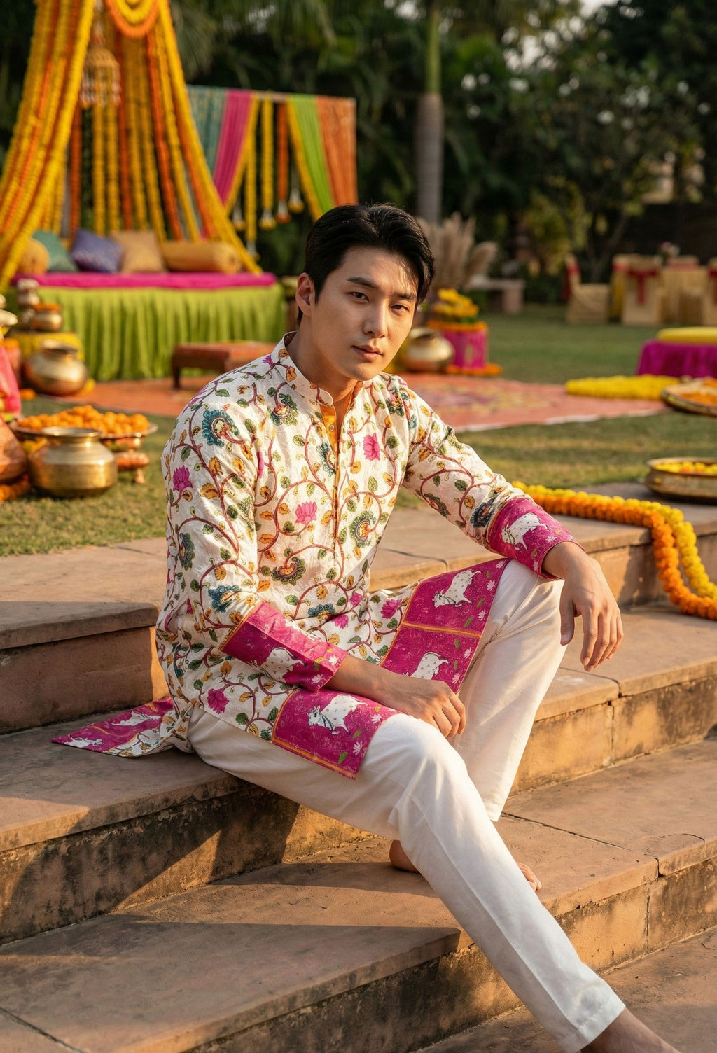 Men Off-White Floral & Ethnic Border Printed Kurta