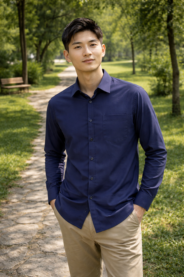 Men's dark blue slim-fit casual shirt, product view