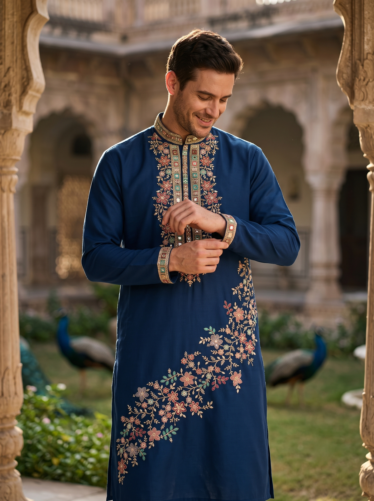 Men's Navy Blue Floral Embroidered Art Silk Blend Kurta Pyjama Set