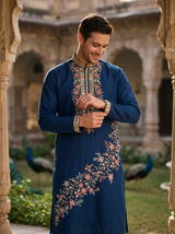 Men's Navy Blue Floral Embroidered Art Silk Blend Kurta Pyjama Set 1