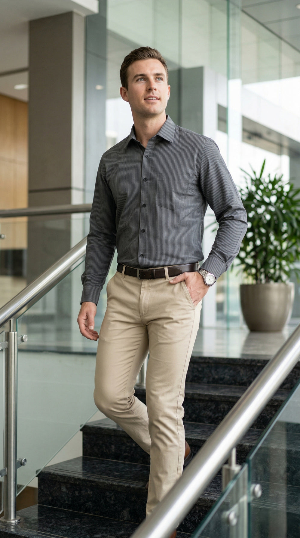 Men Grey Textured Striped Slim Fit Casual Shirt