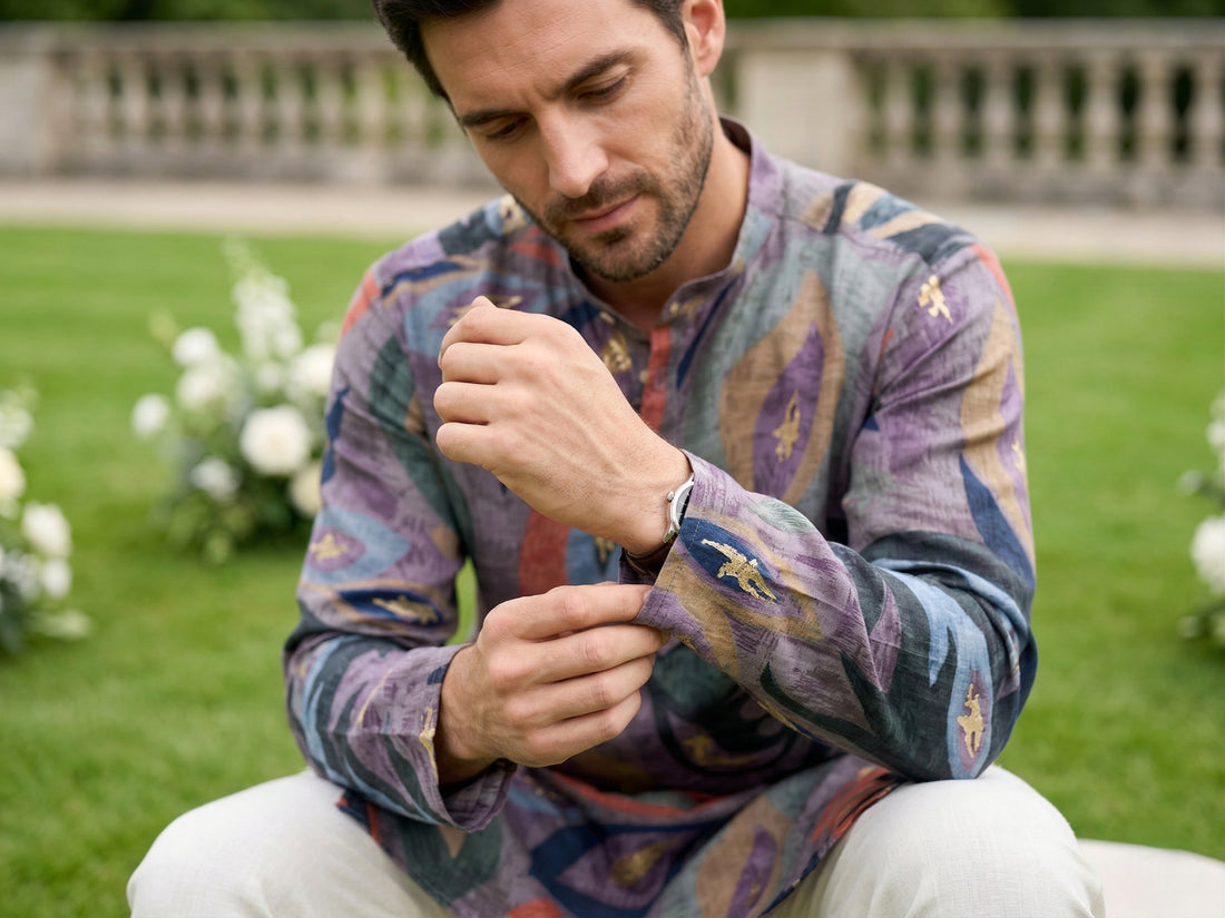 Men’s Grey Abstract Leaf Printed Kurta