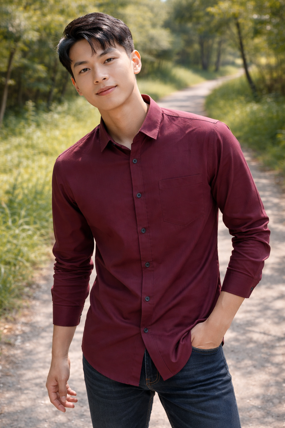 Men's maroon slim-fit casual shirt, product view