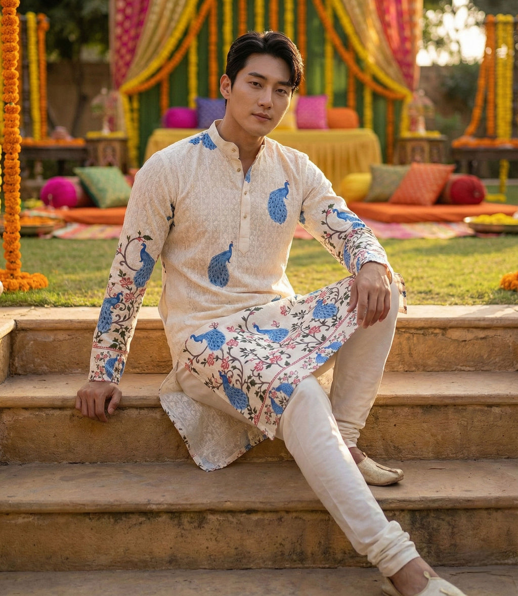 Men Cream Peacock Motif Printed Ethnic Kurta