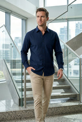 Men Navy Blue Textured Striped Slim Fit Casual Shirt 1
