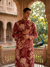 Men's Maroon Floral & Architectural Print Art Silk Blend Kurta 2