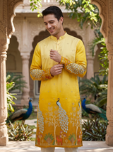 Men's Festive Yellow Ombre Art Silk Kurta with Peacock & Forest Embroidery 2