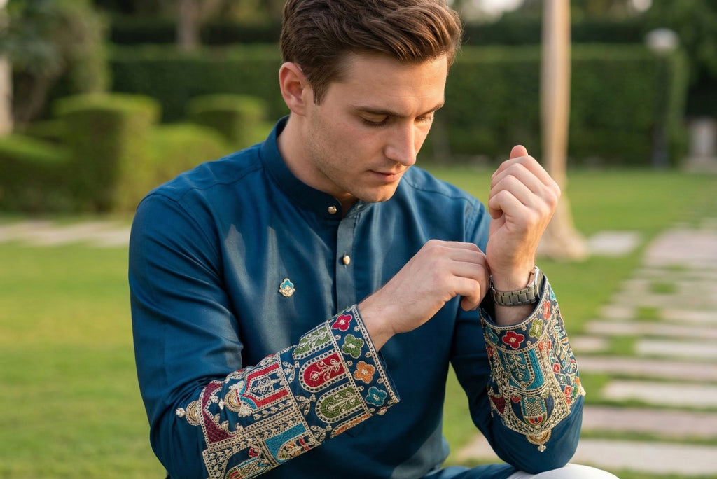 Men Blue Kurta for Festive & Wedding Wear with Ethnic Border