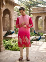 Men's Ombre Pink Peacock Embroidered Art Silk Kurta 2