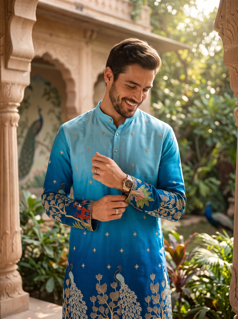 Men's Ombre Blue Peacock & Forest Embroidered Art Silk Kurta 8