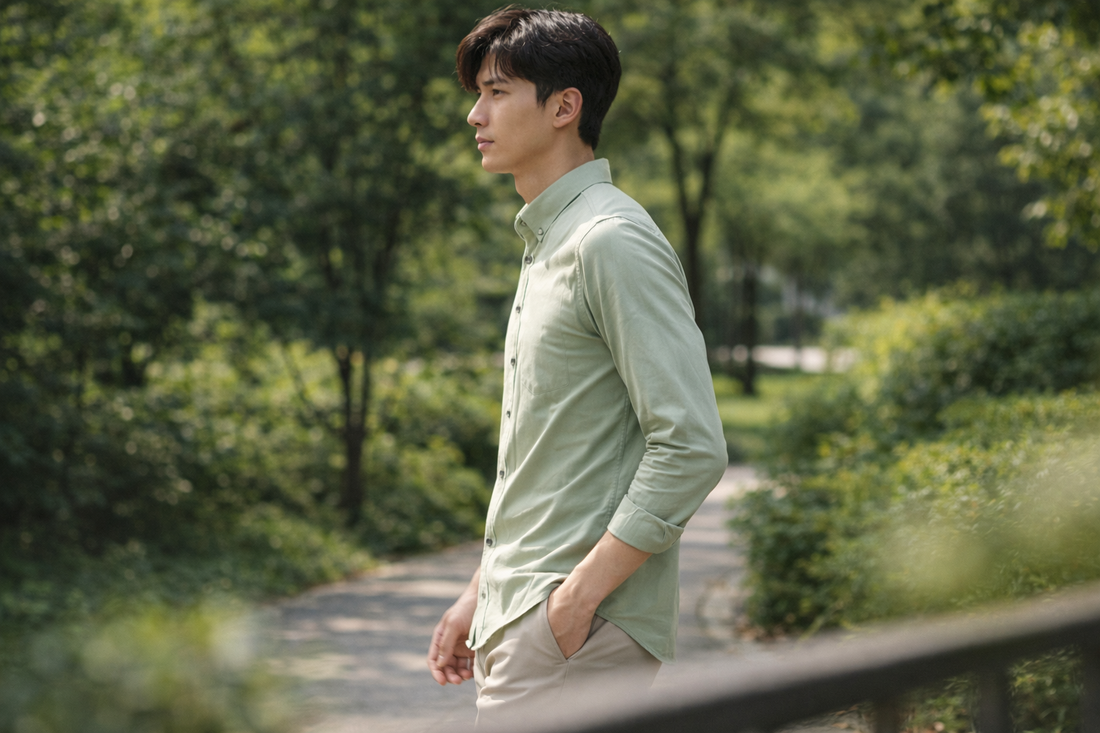 Men's sage green slim-fit casual shirt, product view