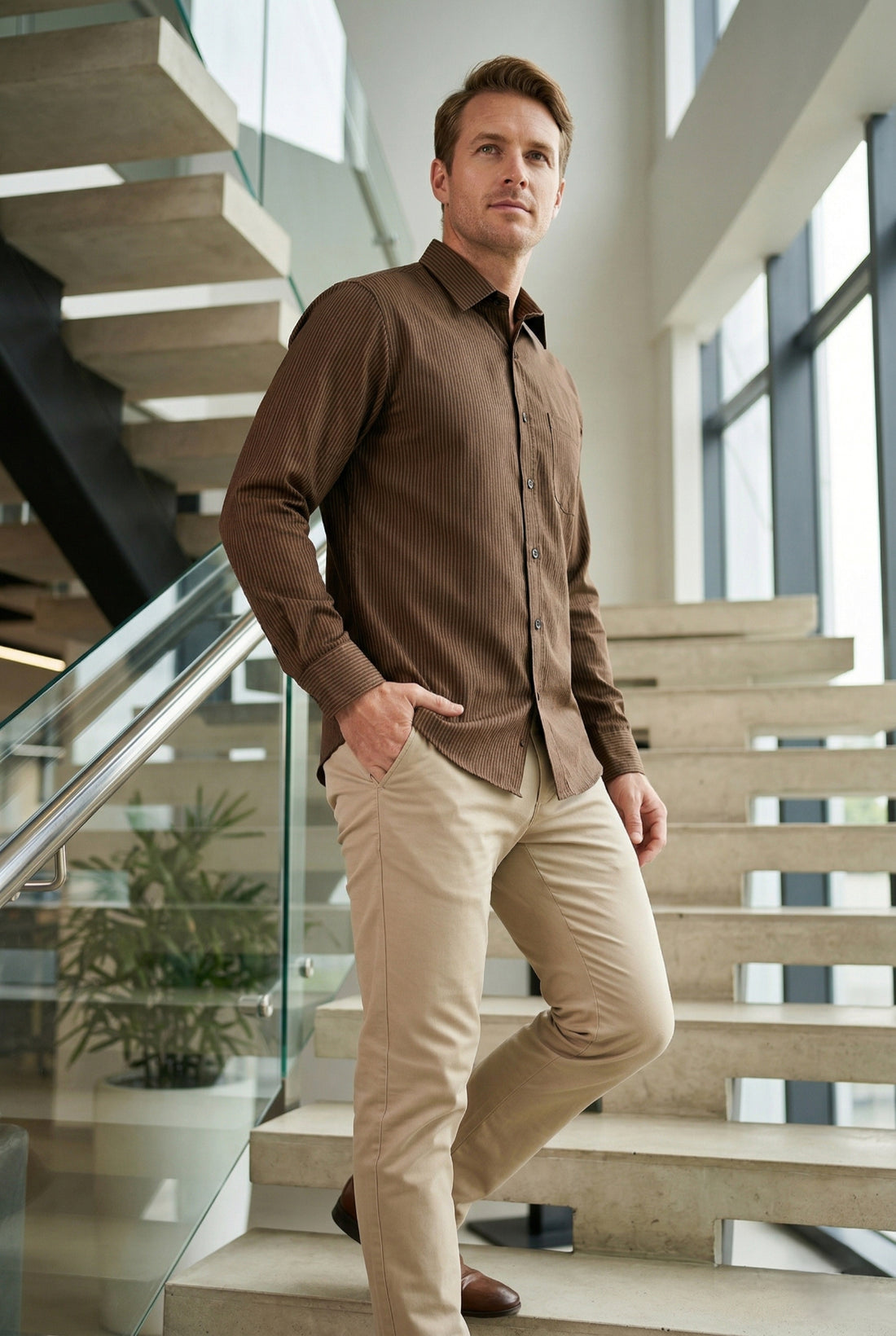 Men Dark Brown Textured Striped Slim Fit Casual Shirt