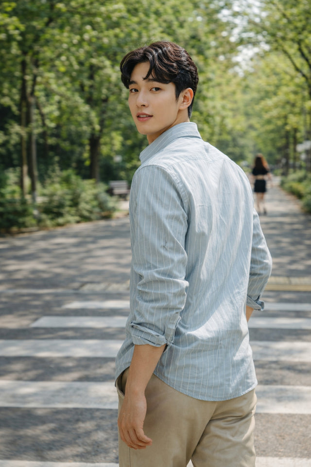 Mens Light Grey Striped Slim Fit Casual Shirt