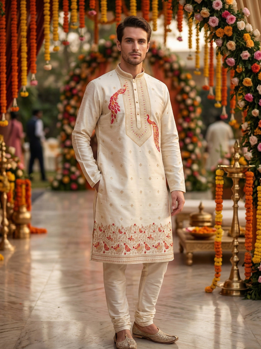 Men Cream Peacock Embroidered Ethnic Kurta with Floral Border