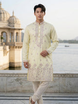 Men's Ivory Art Silk Blend Festive Embroidered Kurta 4