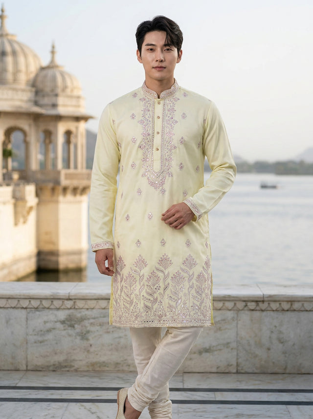 Men's Ivory Art Silk Blend Festive Embroidered Kurta