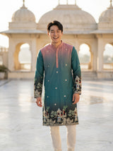 Men's Ombre Teal-Pink Kurta with Intricate Folk Art Embroidery 3