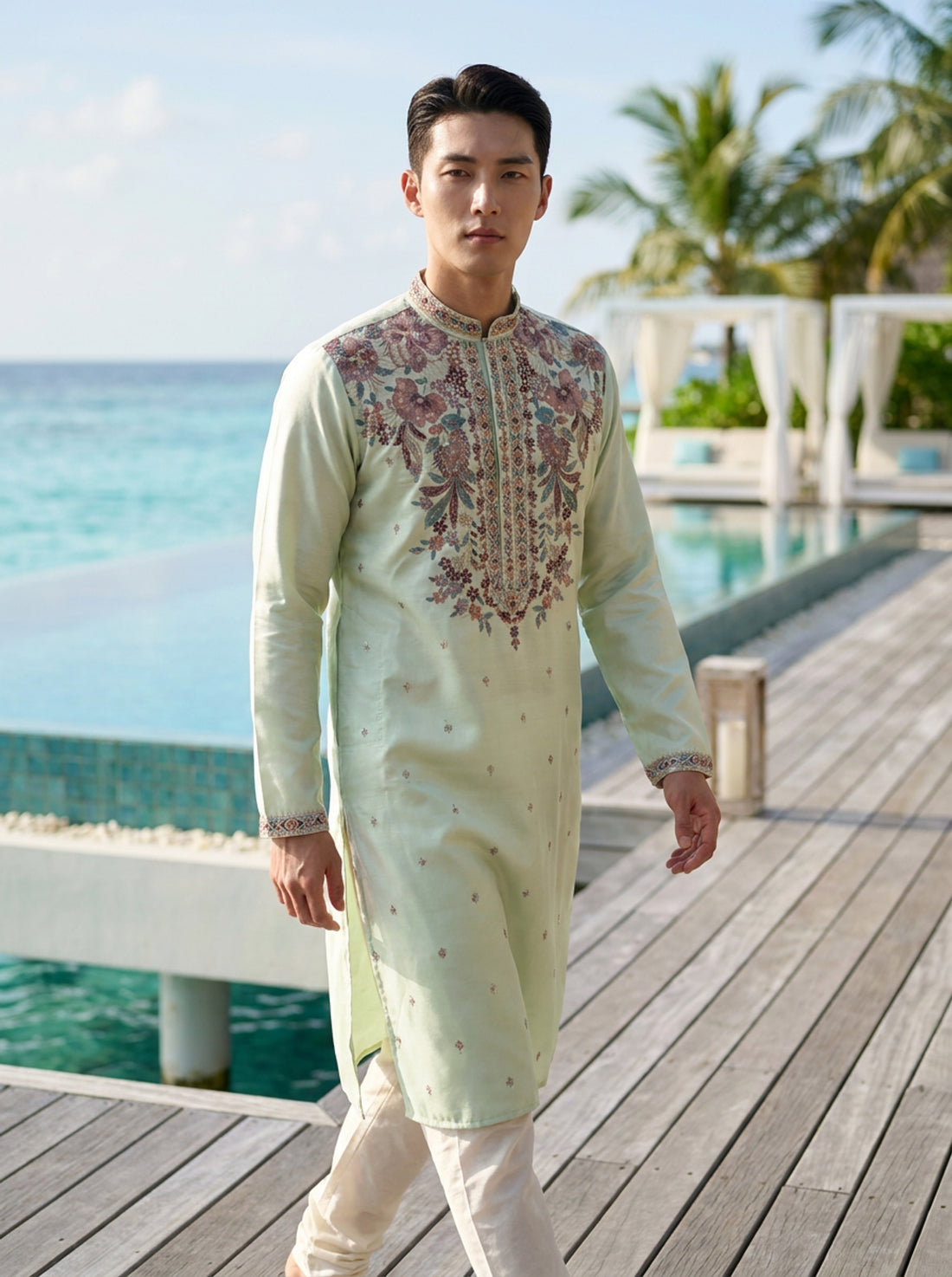 Men's Mint Green Art Silk Embroidered Festive Kurta