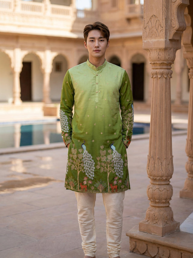 Men's Art Silk Ombre Green Tree of Life Embroidered Kurta