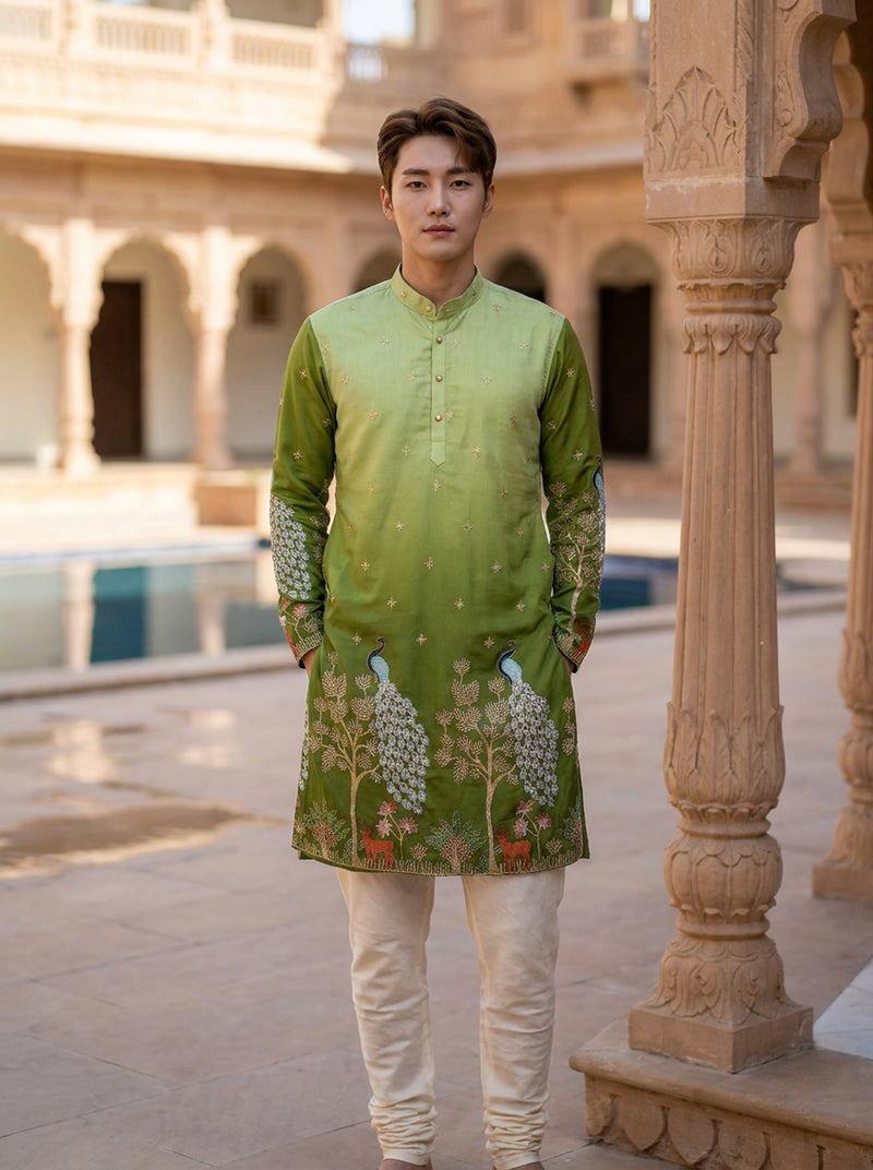 Men's Art Silk Ombre Green Tree of Life Embroidered Kurta 3