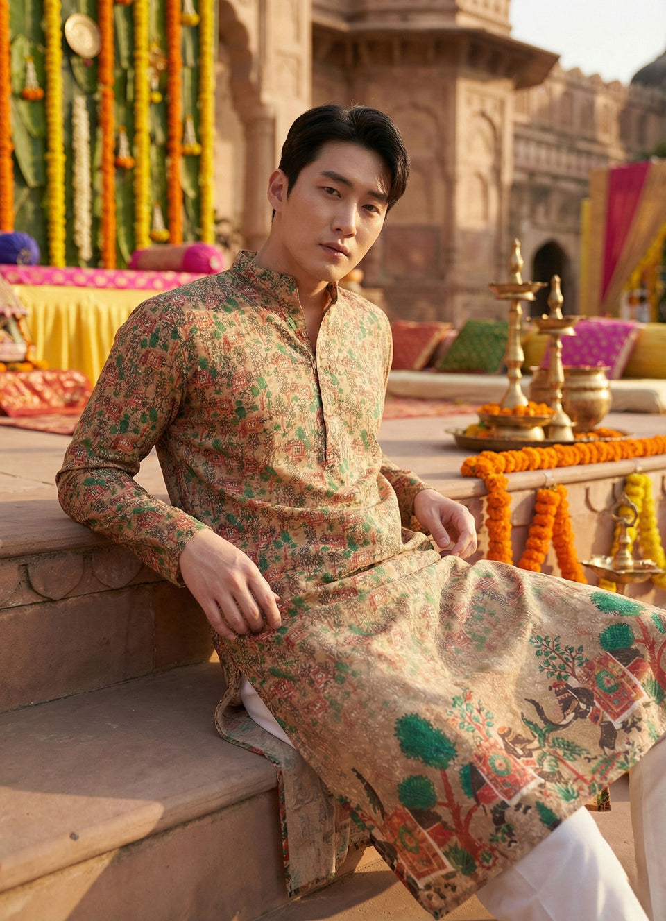 Men’s Beige Village Motif Printed Kurta