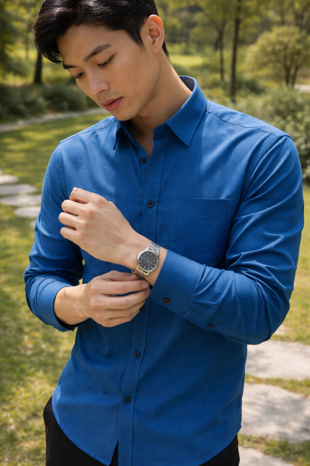Men's royal blue slim-fit casual shirt, product view