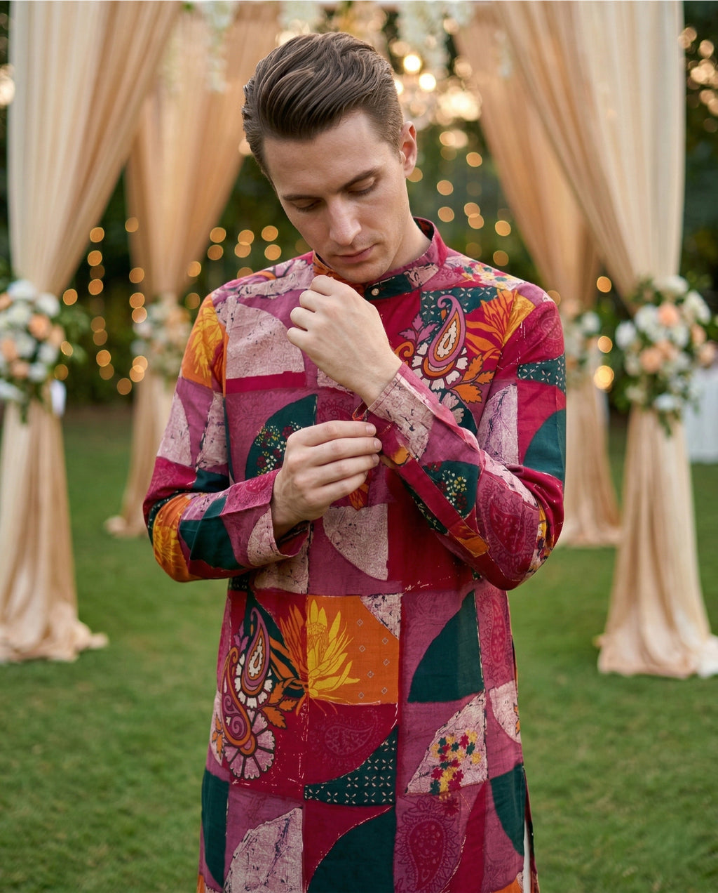 Men Maroon Patchwork Printed Ethnic Kurta