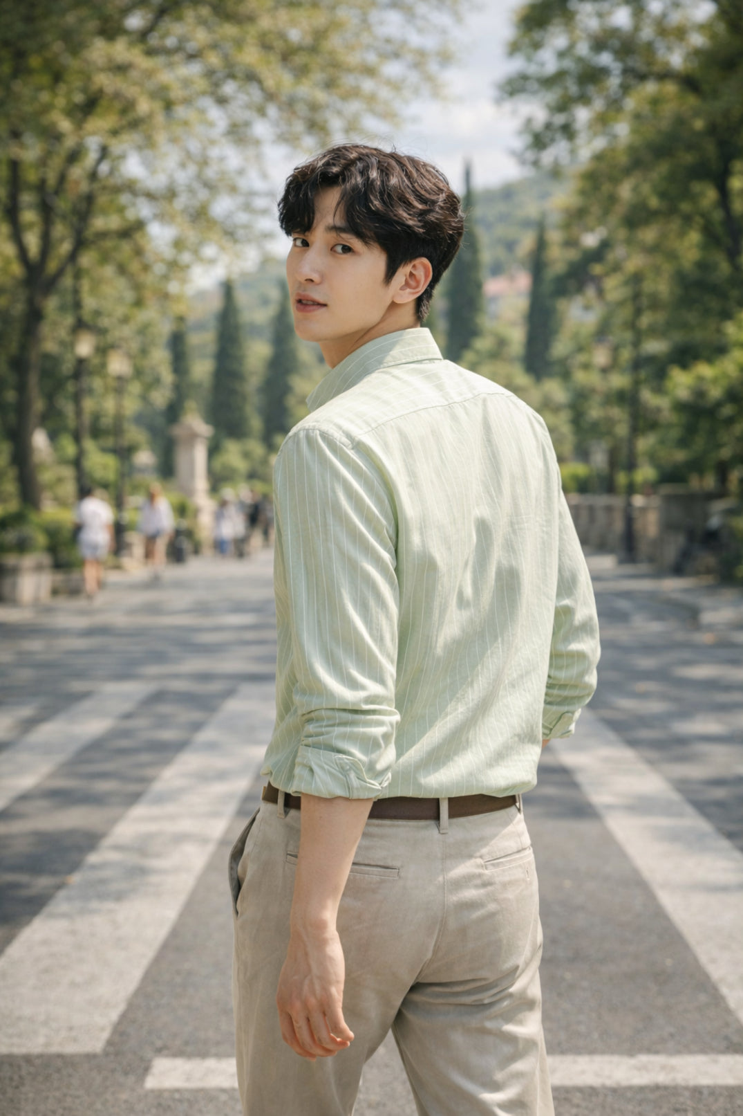 Mens Light Green Striped Slim Fit Casual Shirt