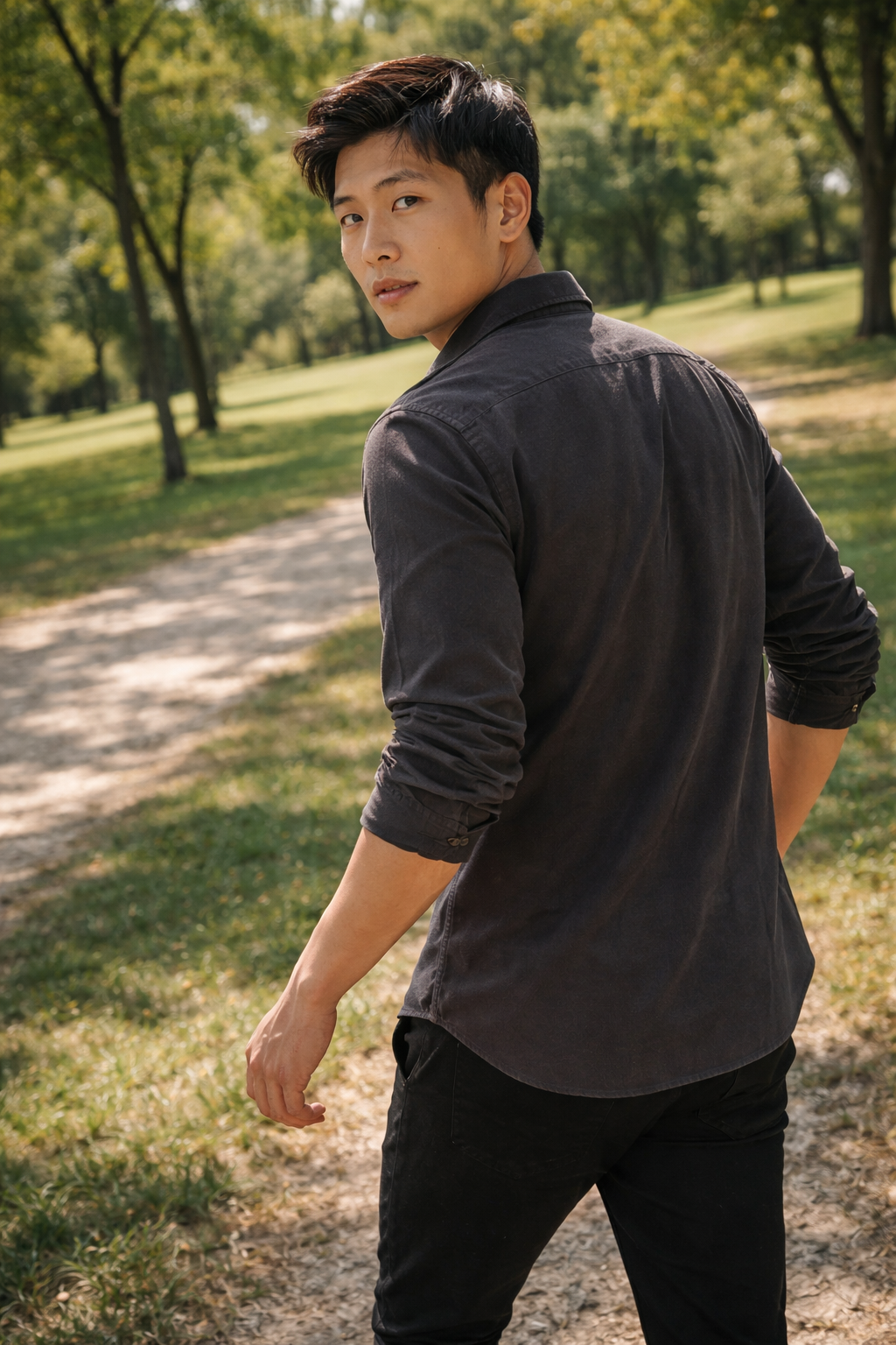 Men's charcoal slim-fit casual shirt, product view