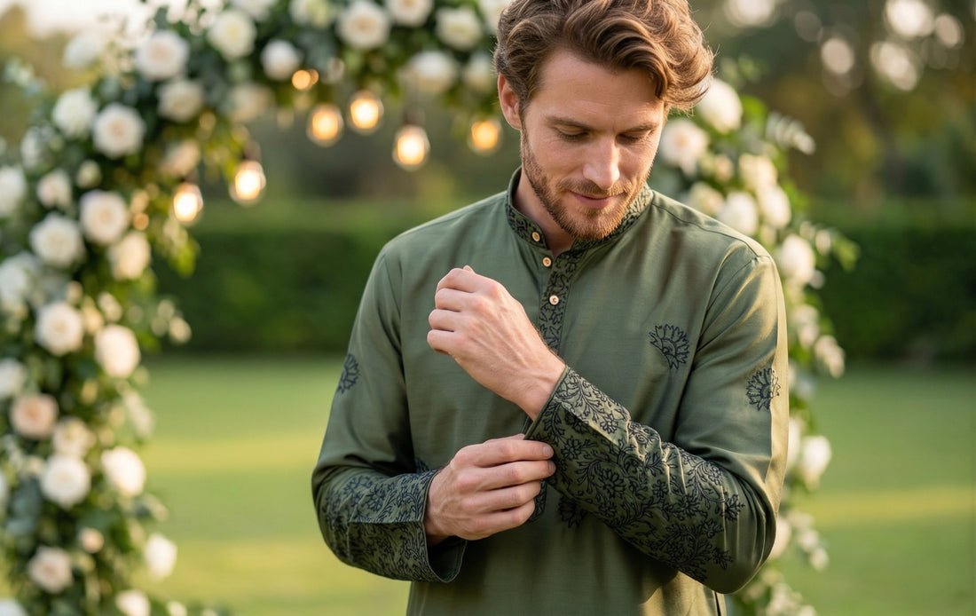 Men Olive Green Embroidered Ethnic Kurta