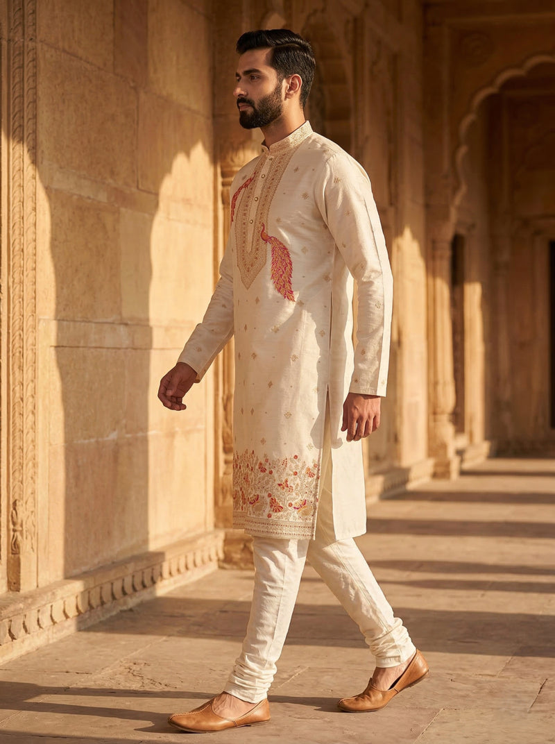 Men Cream Peacock Embroidered Ethnic Kurta with Floral Border 3