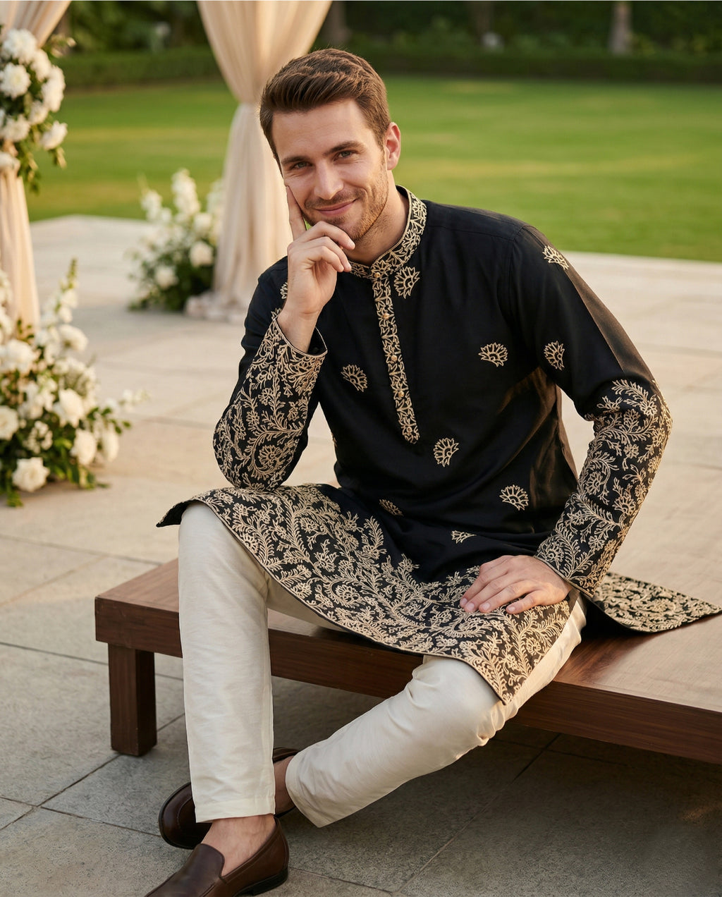 Men Black Embroidered Ethnic Kurta with Gold Detailing