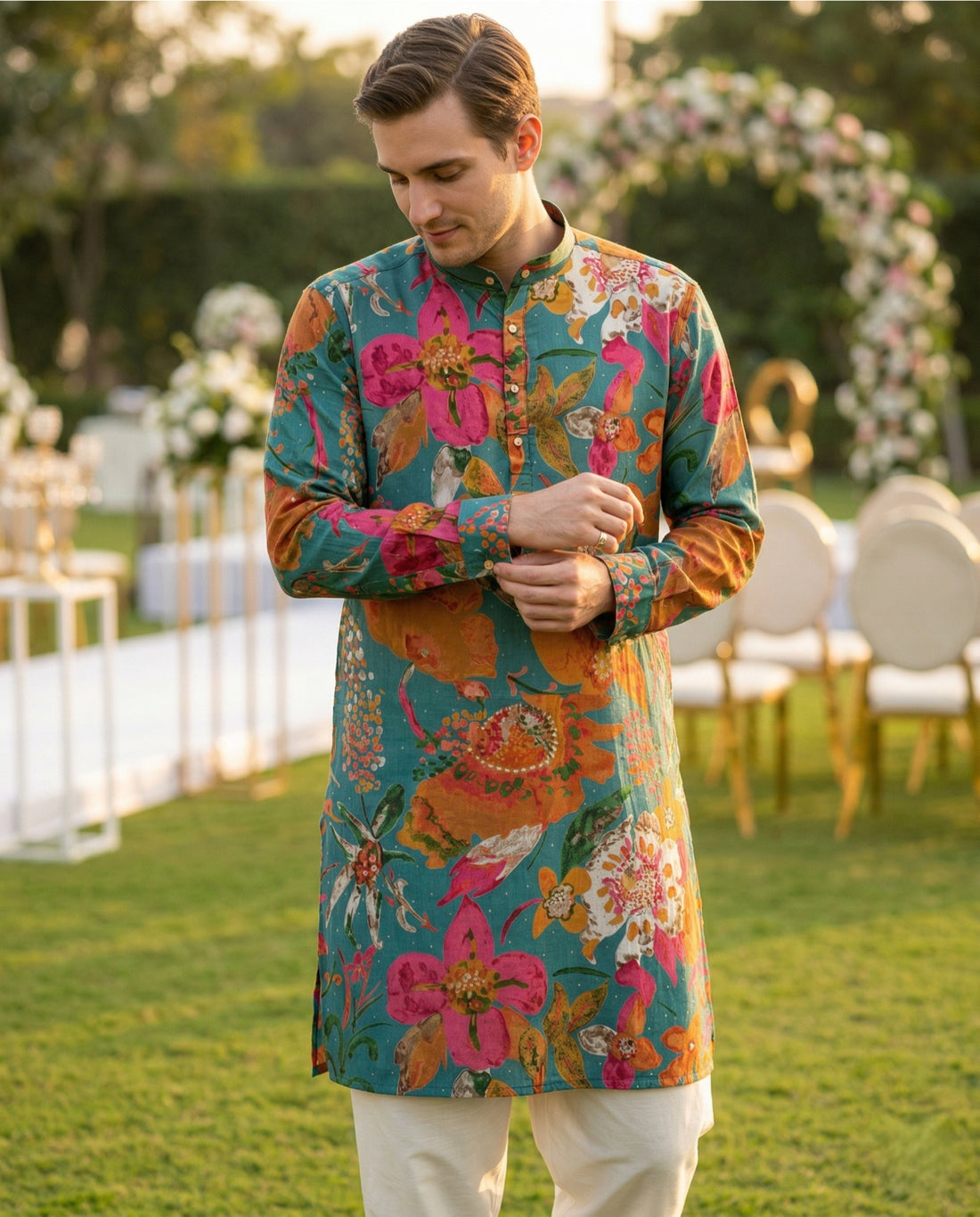 Men Teal Green Floral Printed Kurta