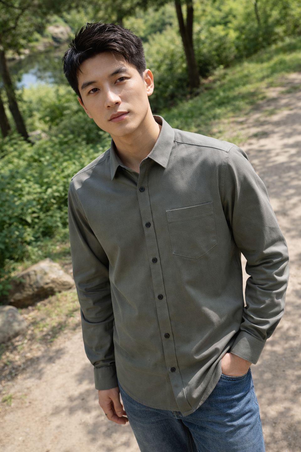 Men's grey slim-fit casual shirt, product view